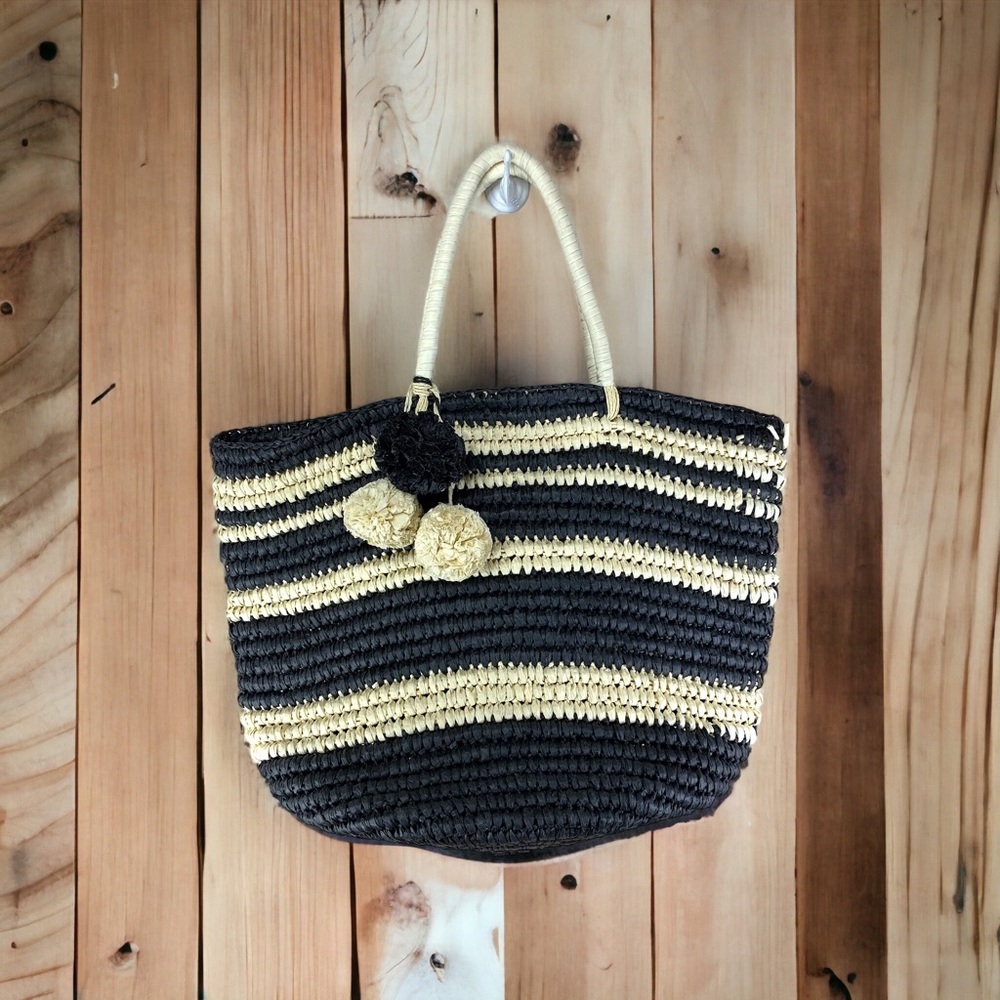 World Market Straw Tote Beige Black Pom Pom Bohemian Boho Beach Market Vacation